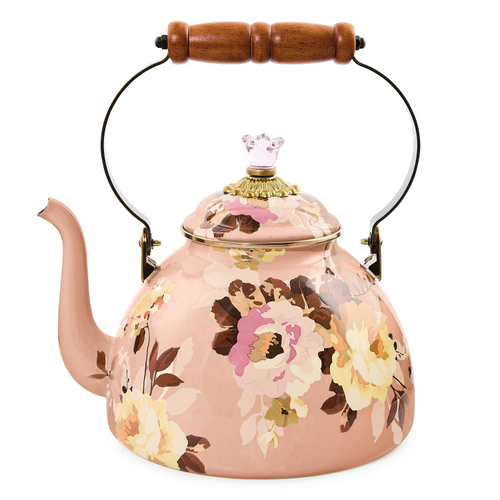 3 Quart Tea Kettle in pink with a floral pattern, wooden handle, and decorative glass lid knob.