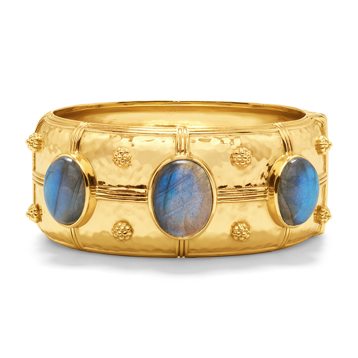 Gold-plated brass hinged bangle featuring blue labradorite stones.