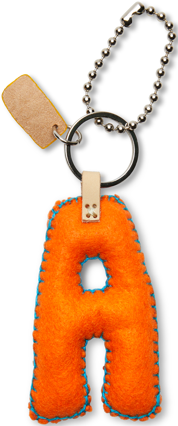 Orange felt letter charm attached to a silver chain with an included keyring.