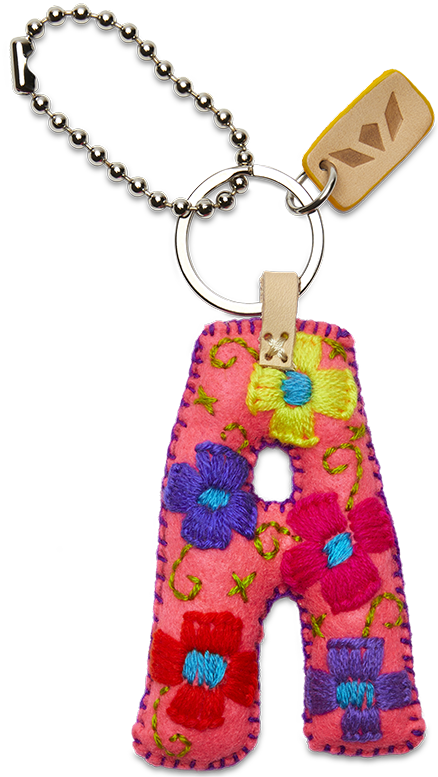 Pink felt letter charm with attached metal chain and ring