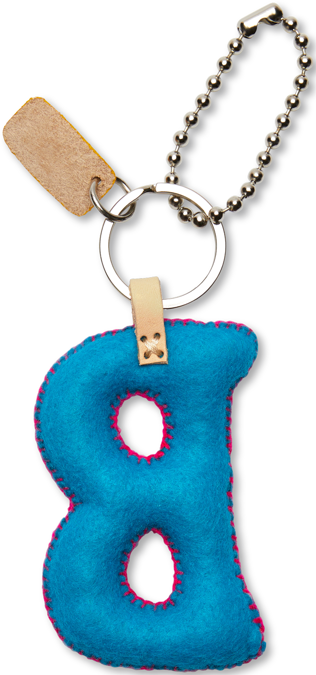 Blue felt letter charm attached to a silver metal chain with a ring.