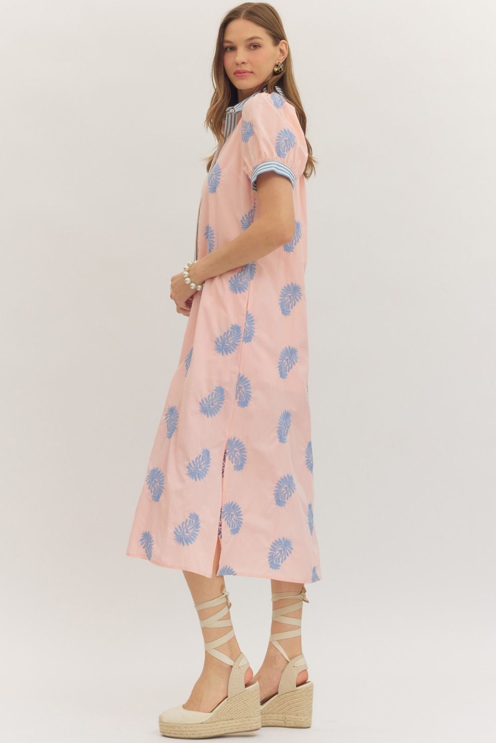 Nicole Embroidered Short Puff Sleeve Midi Dress