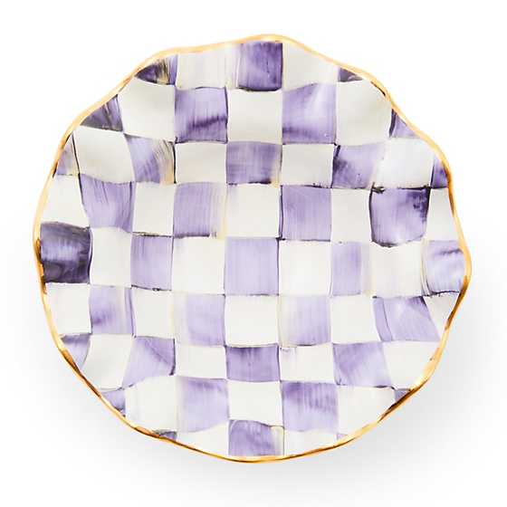 Plum Check Ceramic Fluted Breakfast Bowl with hand-painted purple and white checks and gold rim.