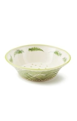 Handmade stoneware Fern Forest bowl with a green fern leaf pattern on an earthy background.