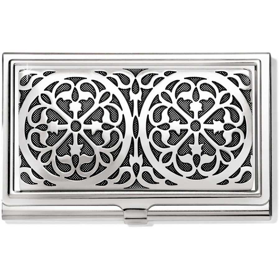 Silver suede Ferrara card case with retractable closure featuring a cathedral rose window motif.