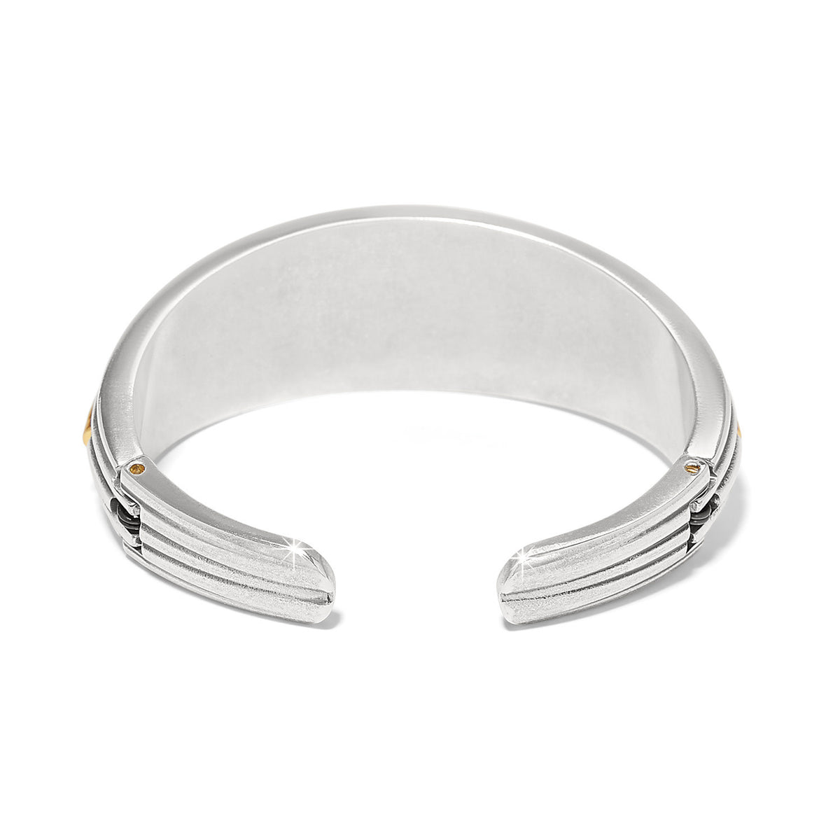 Ferrara Deco hinged bangle in two-tone hammered metal with polished domed curves and linear Art Deco details.