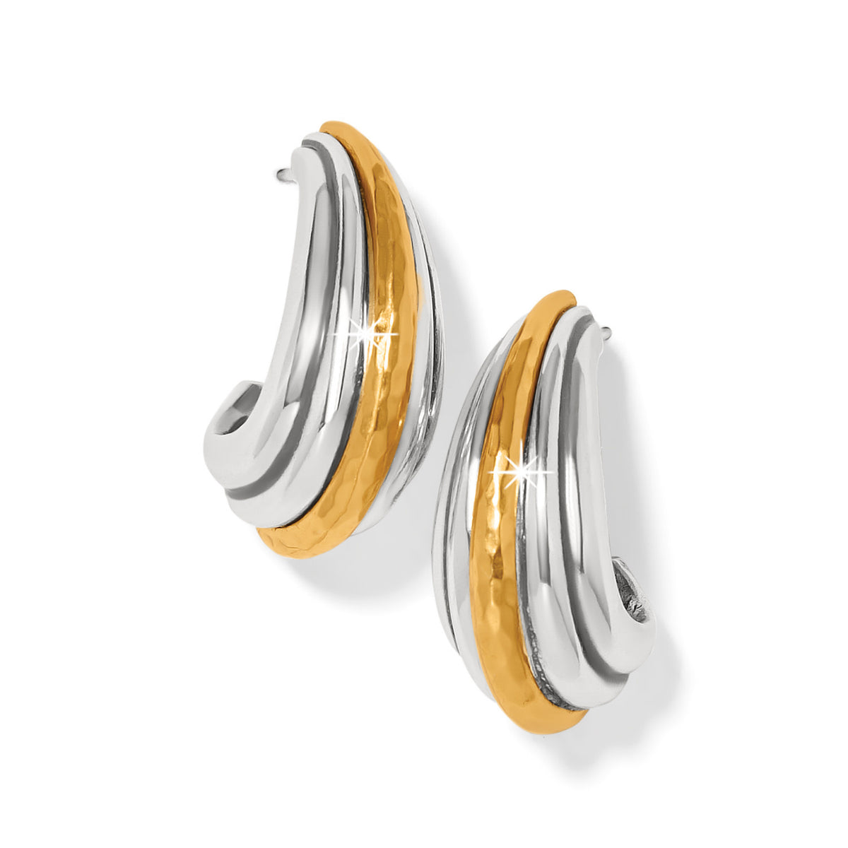 Silver-gold two-tone hammered Art Deco large hoop earrings with flat disc backs.