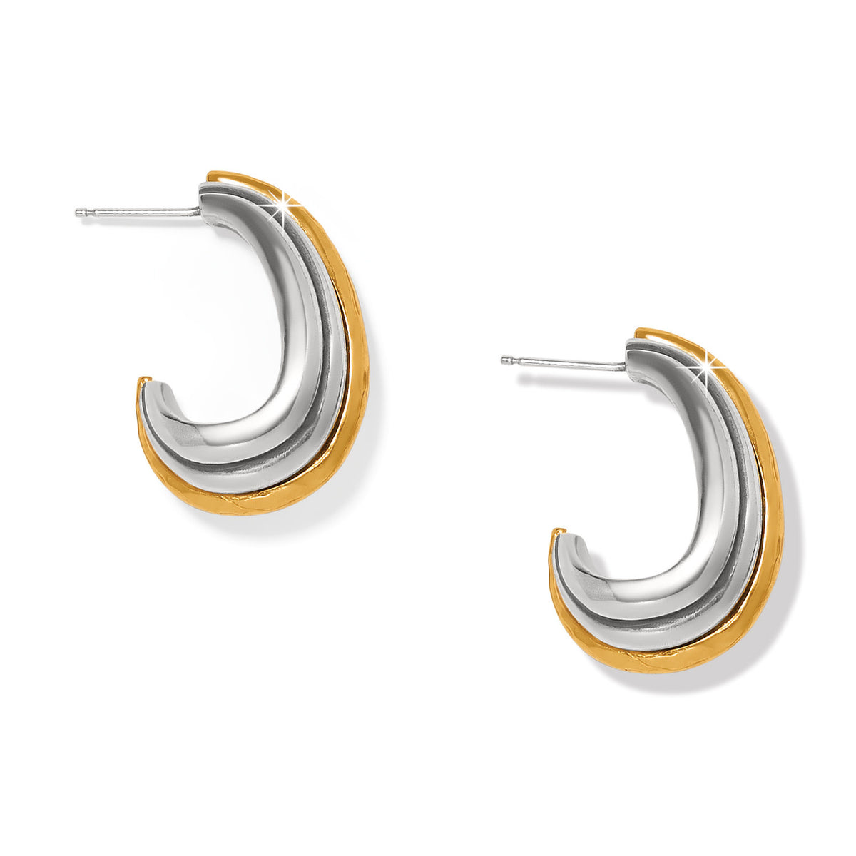 Silver-gold two-tone hammered Art Deco large hoop earrings with post backs.