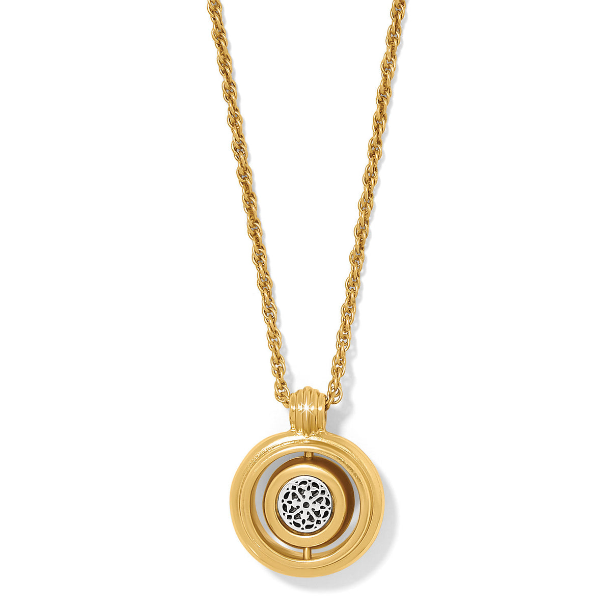 Gold plated necklace with a swivel glass pearl pendant featuring bold deco accents on an adjustable chain.
