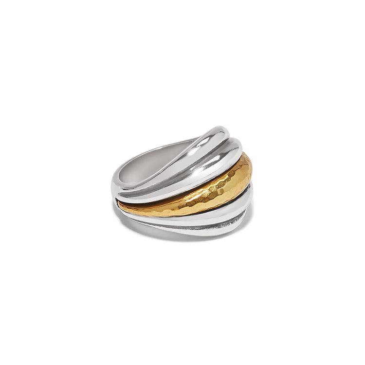Silver-gold two-tone Art Deco ring with hammered textures on domed curves and linear symmetry.