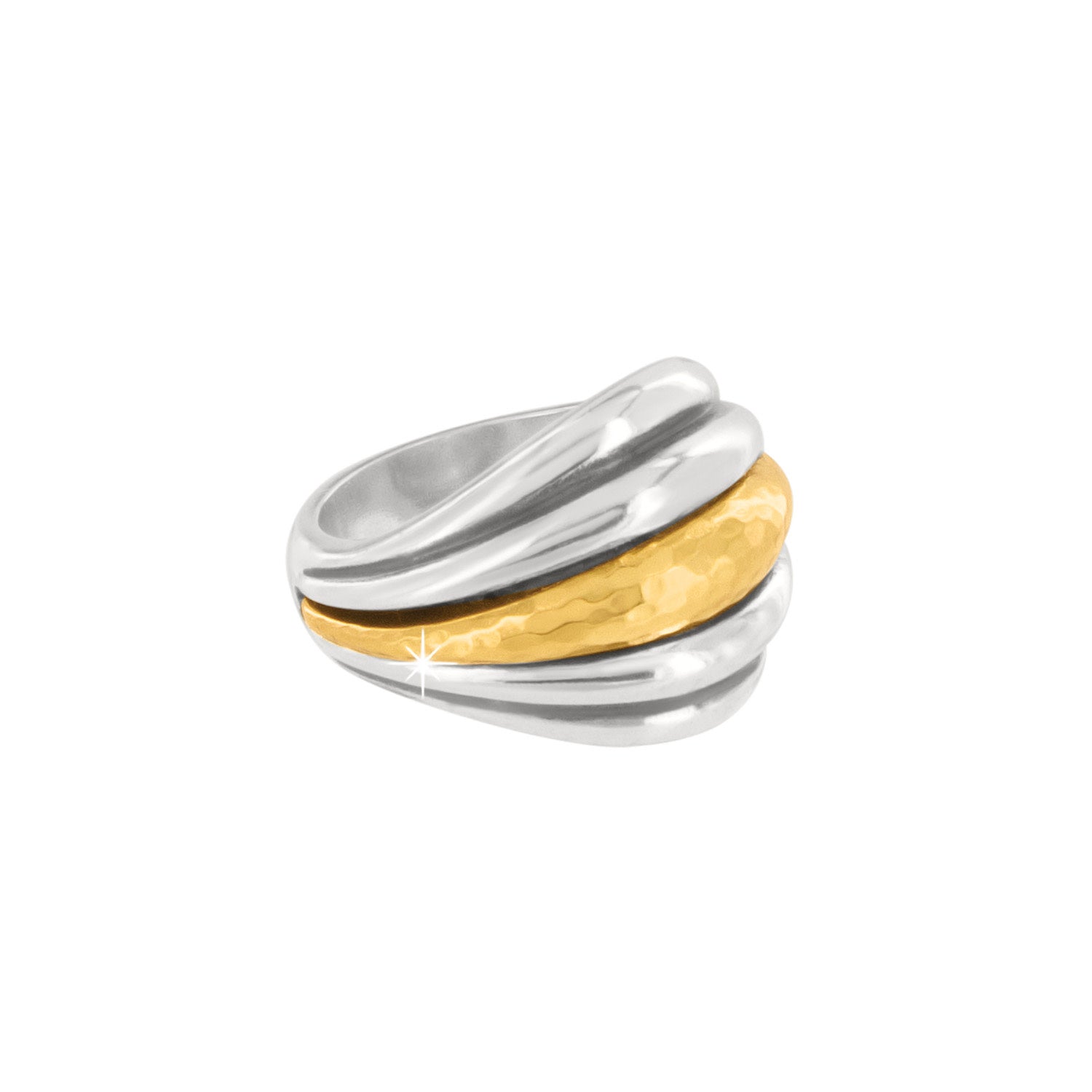 Silver-gold two-tone hammered Art Deco ring with polished domed curves