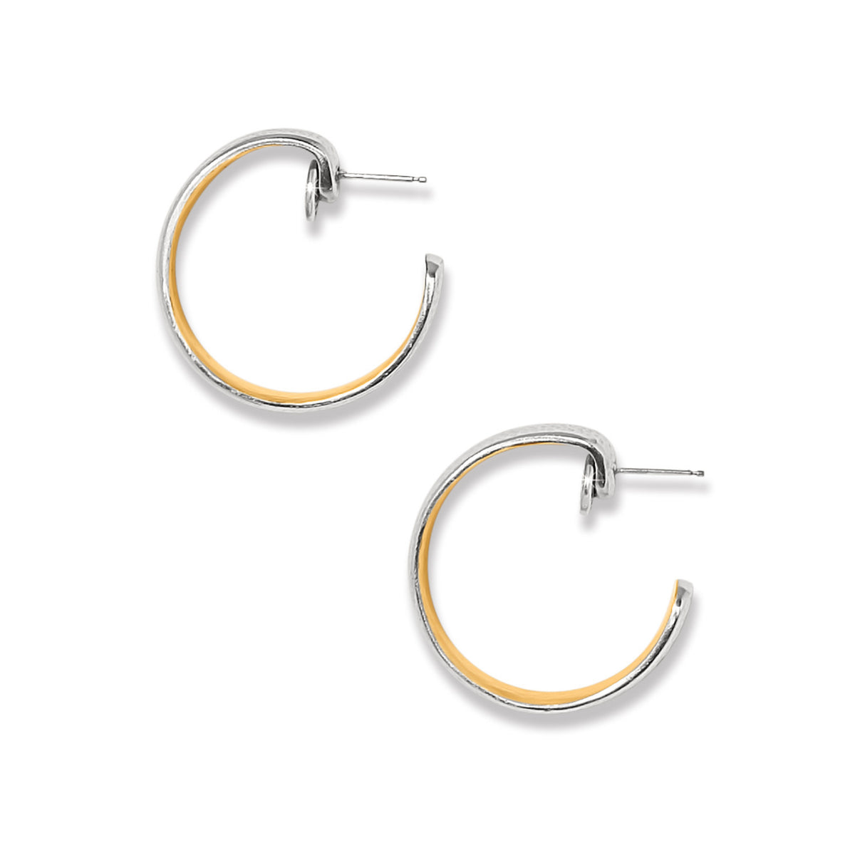 Gold and silver two-tone small hoop earrings with post backs
