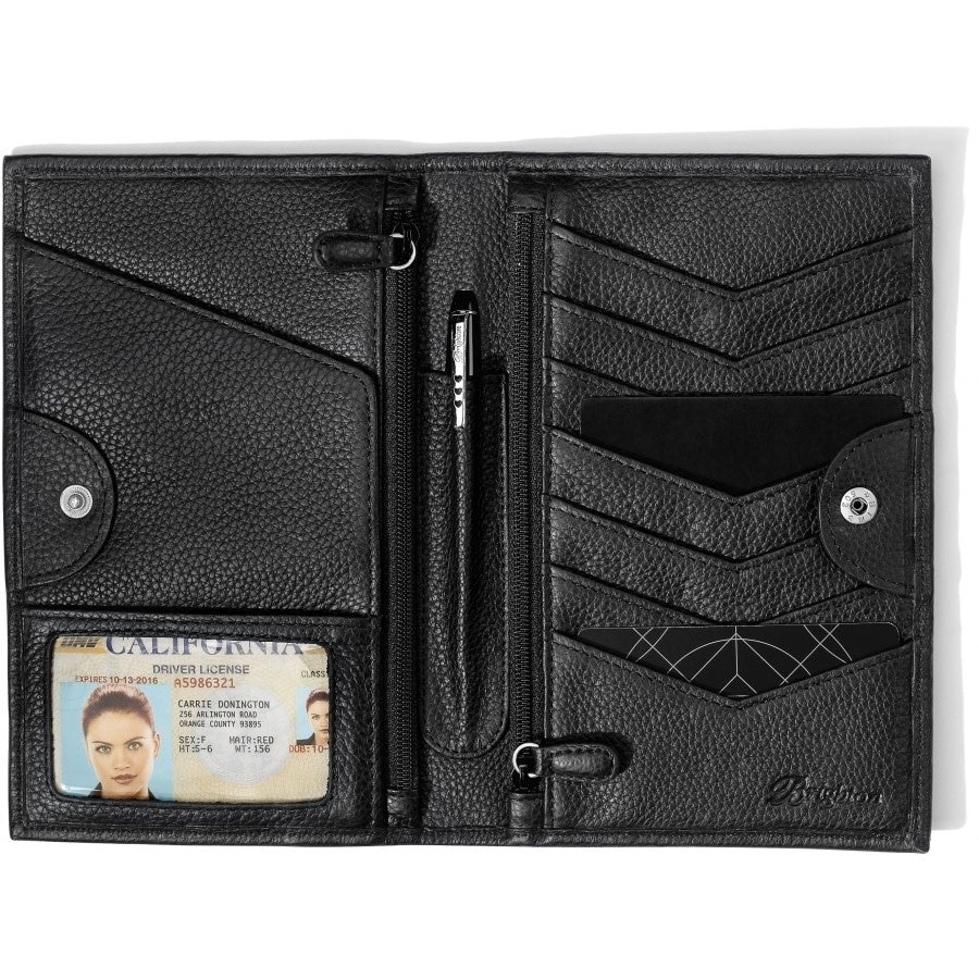 Black Ferrara Folio leather wallet with snap closure, ID window, pen holder, and multiple card slots.