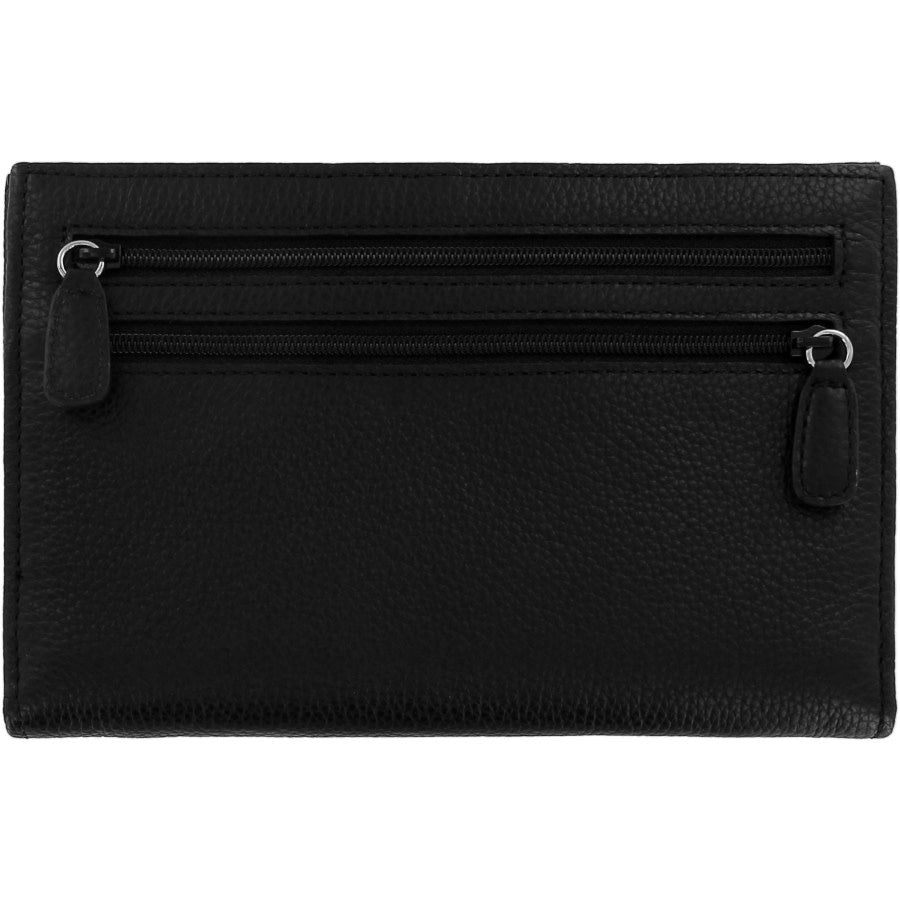 Black leather Ferrara Folio wallet with snap closure, ID window, pen holder, and multiple card slots.