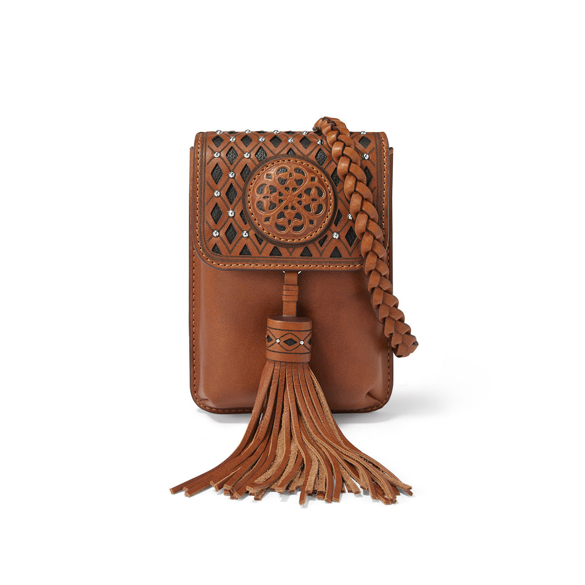 Russet leather phone organizer with flap closure, magnetic snap, two credit card slots, one exterior pocket, and a twenty-eight-inch strap.