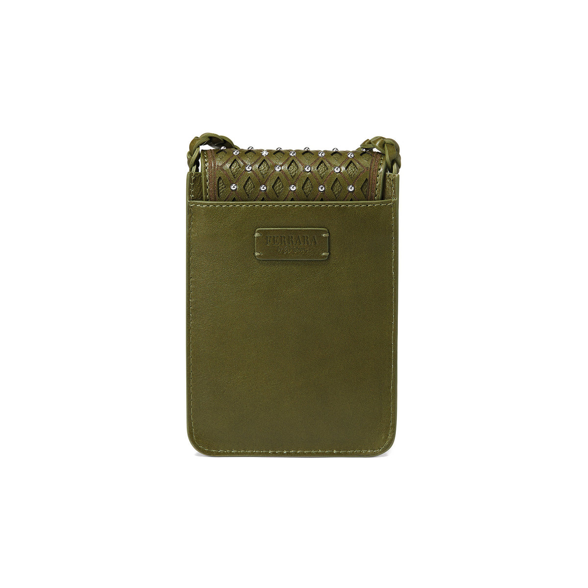 Ferrara La Belleza phone organizer in brown leather with flap closure, two credit card slots, one exterior pocket, and a detachable strap.