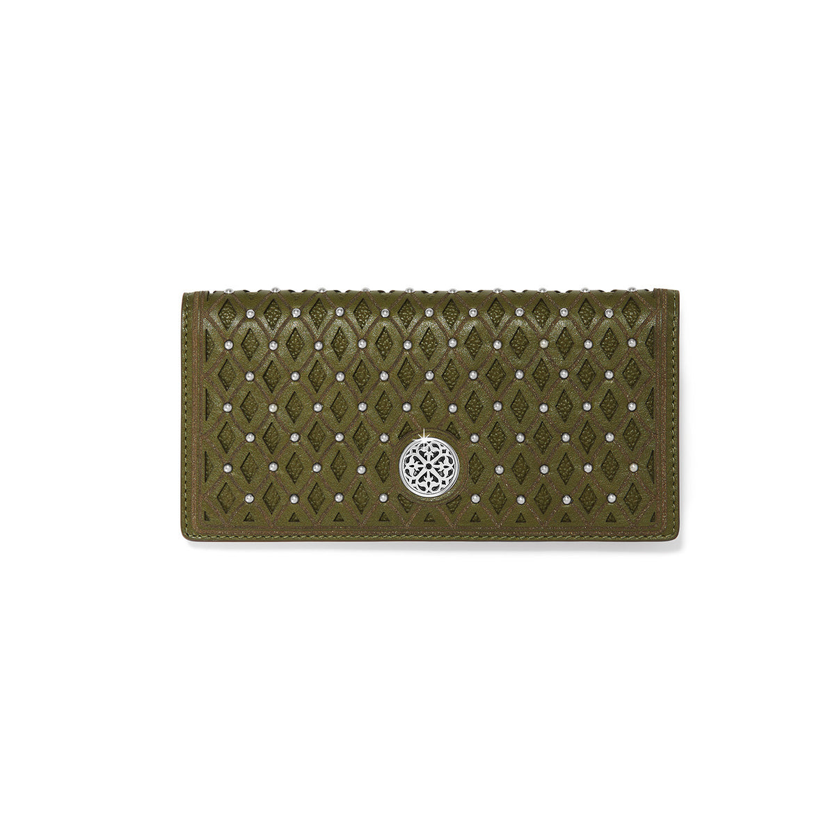 White leather slim folio wallet with studded diamond accents, snap closure, ID window, and multiple card slots.