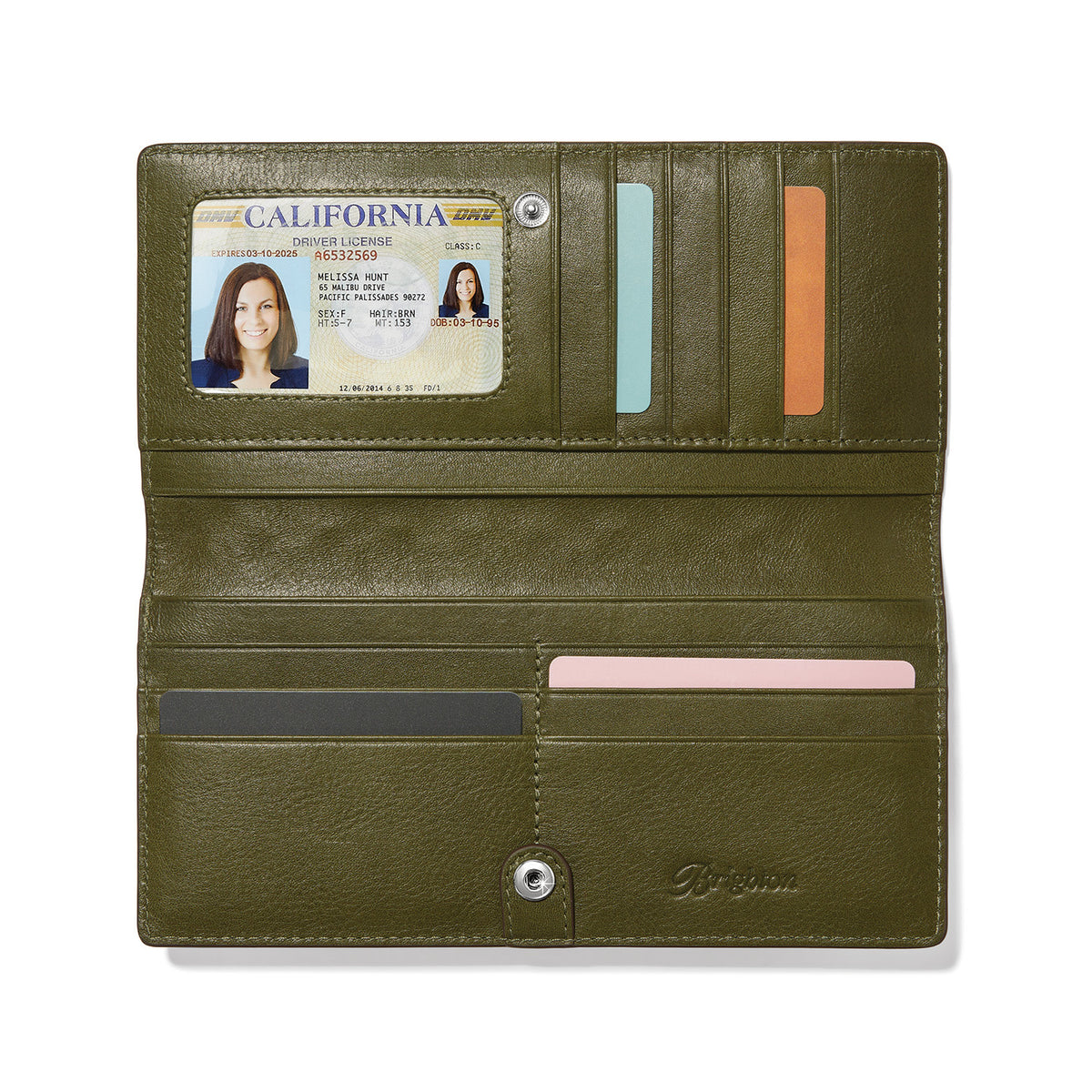 White leather slim folio wallet with studded diamond accents, snap closure, ID window, and multiple card slots.