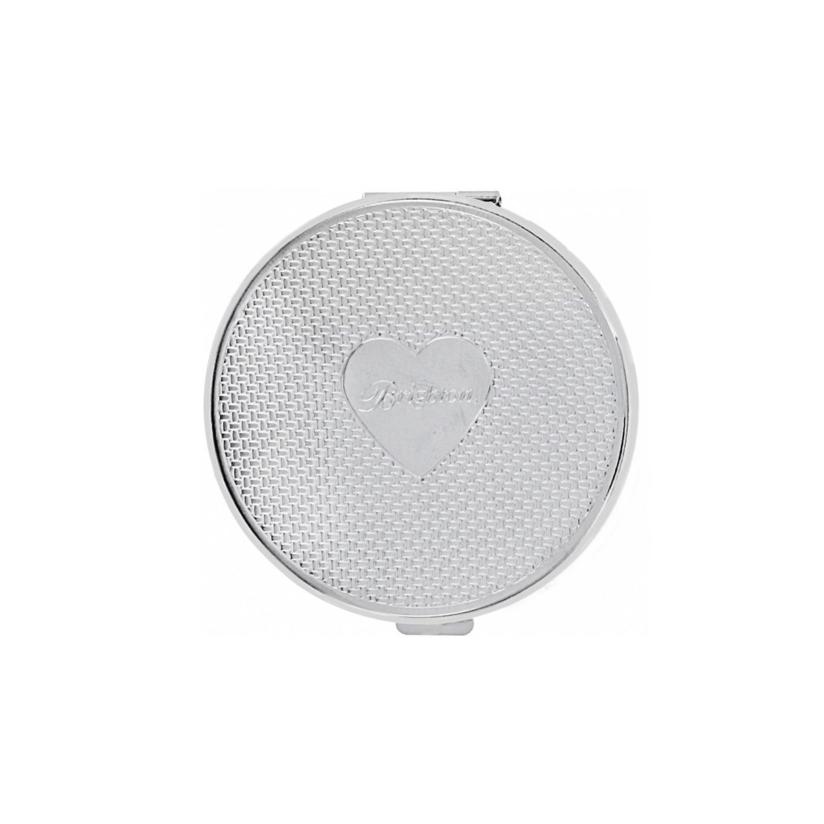Silver plated Ferrara pill box with pressure retractable closure featuring a cathedral rose window motif.