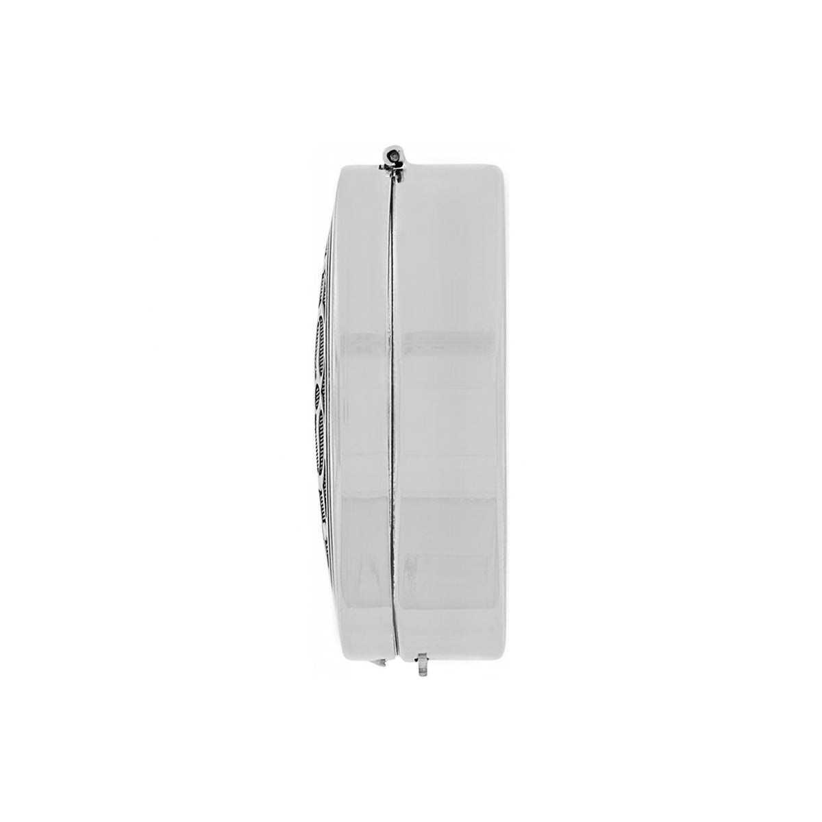 Silver plated Ferrara pill box with retractable closure featuring cathedral rose window motif.