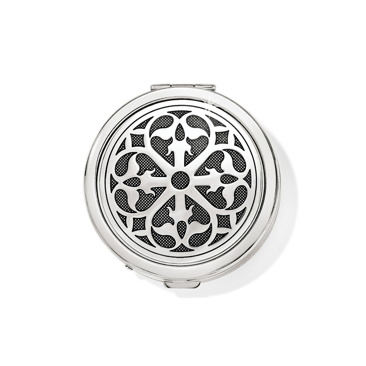 Silver plated Ferrara pill box with retractable closure featuring rose window-inspired motif