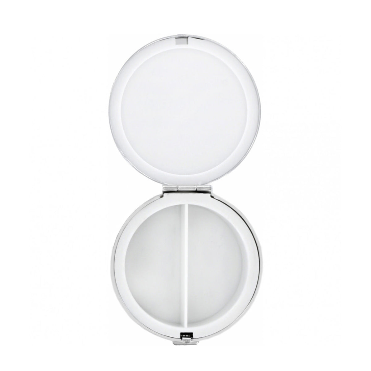 Silver plated Ferrara pill box with retractable closure and cathedral rose window motif.
