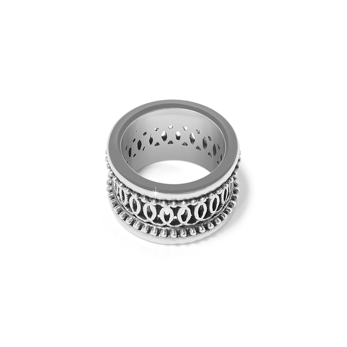 Silver plated Ferrara Siena ring with thick geometric steps and beaded details inspired by the Siena Duomo.