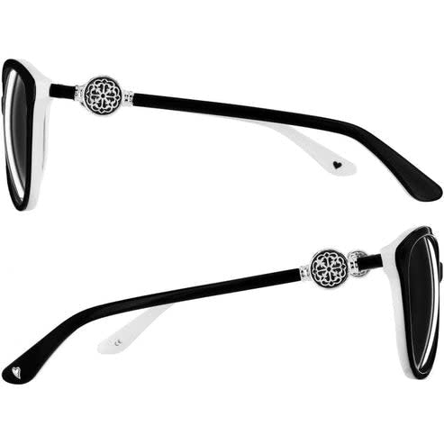 Side view of oval Ferrara sunglasses with black frames, white lenses, silver accents, and UVA/UVB protection.