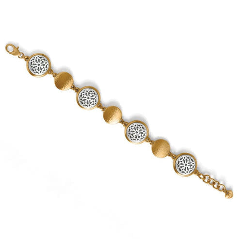 Two-tone silver and gold hammered link bracelet with lobster claw closure
