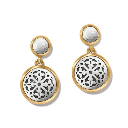 Two-tone silver-plated post drop earrings with brushed gold accents in a hammered finish.