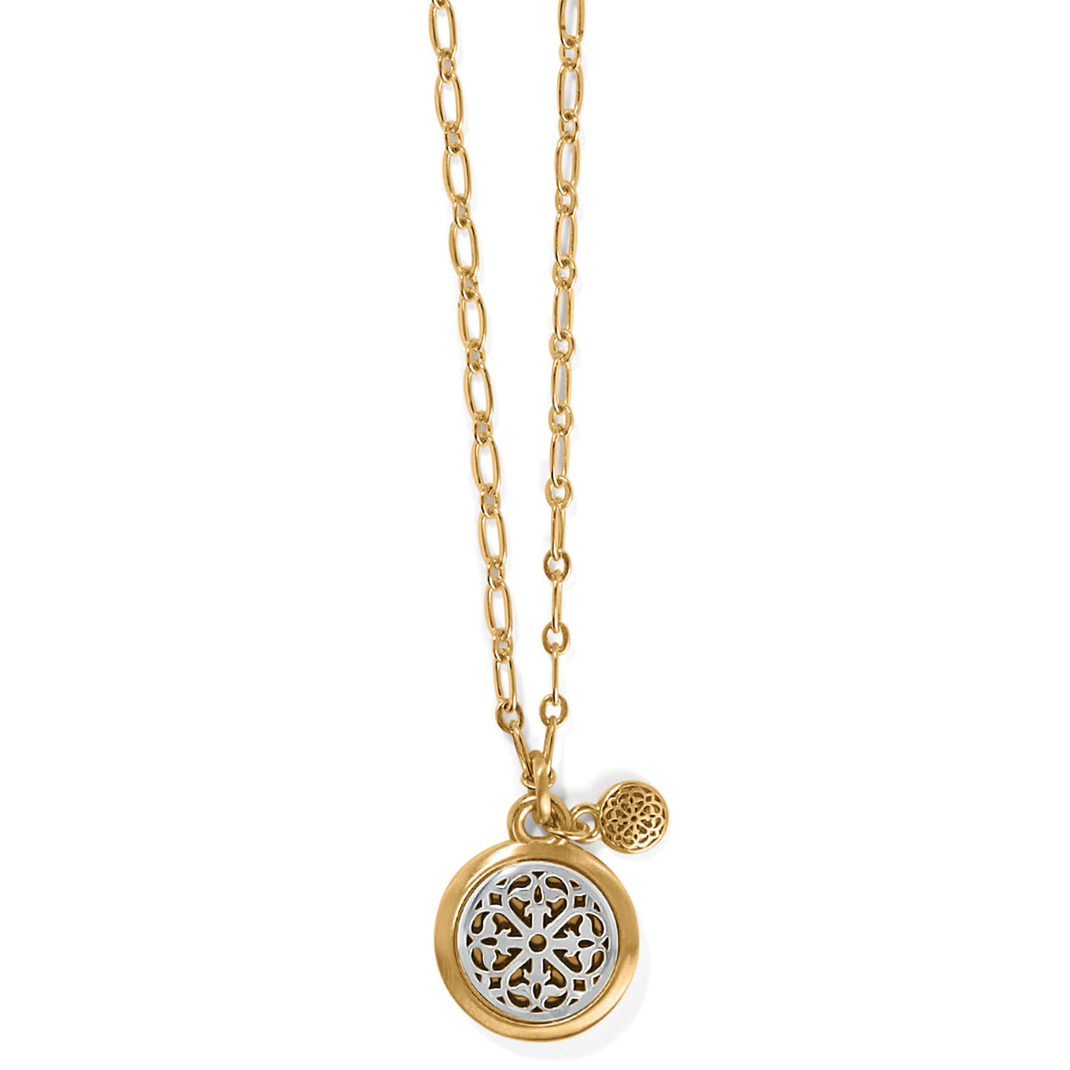 Small pendant necklace with silver-plated brushed gold finish featuring engraved hammered texture inspired by rose windows.