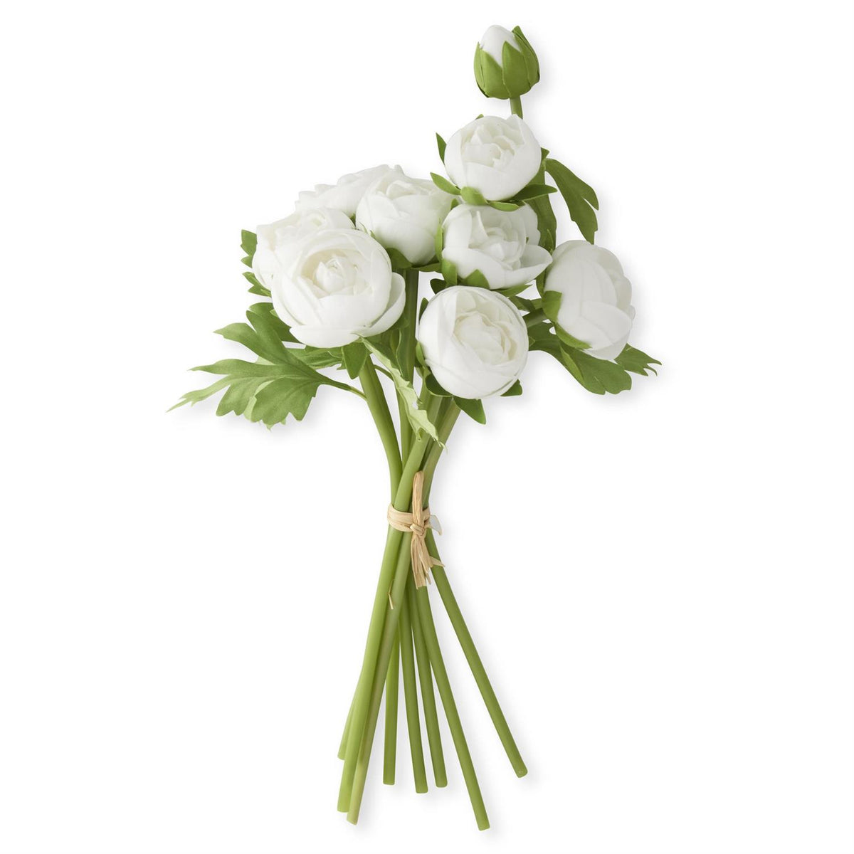 Bundle of fifteen-inch artificial ranunculus flowers in realistic colors with PU petals.