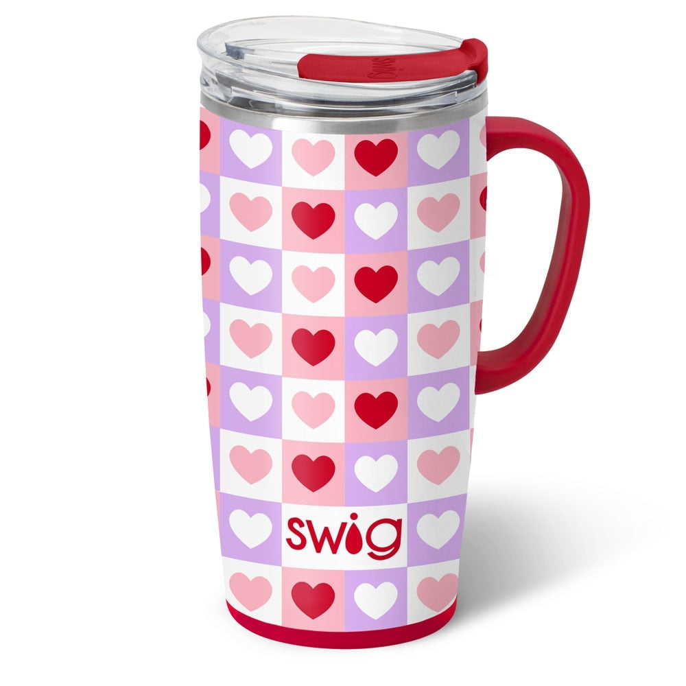 Silver stainless steel travel mug with a slim metal handle and large BPA-free lid.