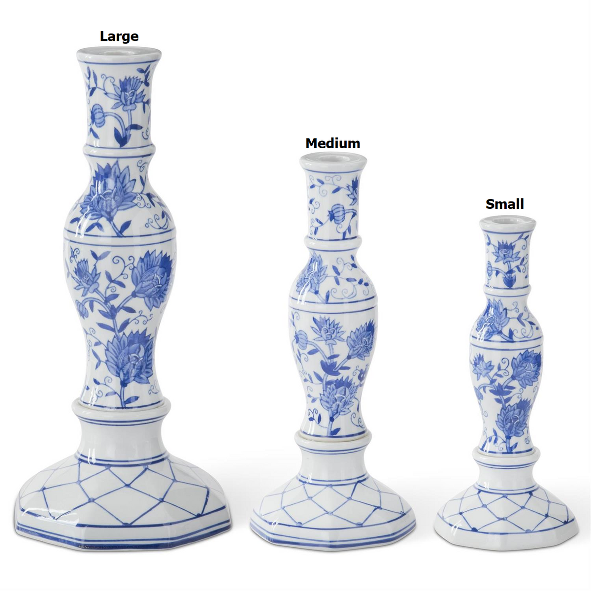 Blue and white ceramic taper candleholders with chinoiserie floral patterns in a tapered silhouette.