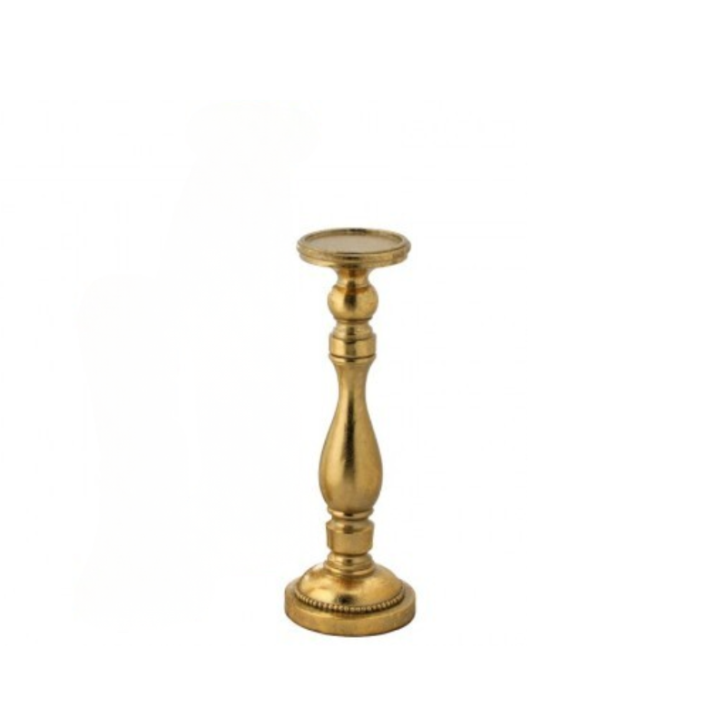 Elegant gold resin candle holder with a classic turned pedestal design on a white background.