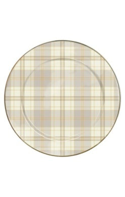Round 12-inch charger plate with a beige and tan tartan plaid pattern and a thin brown rim.
