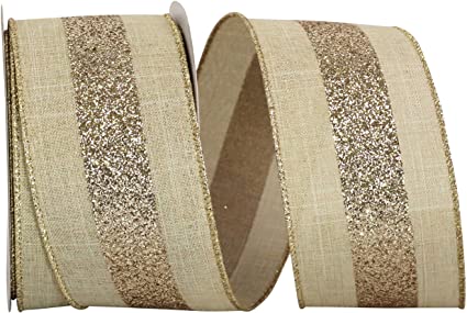 Natural linen wired edge ribbon with a wide gold glitter center stripe.