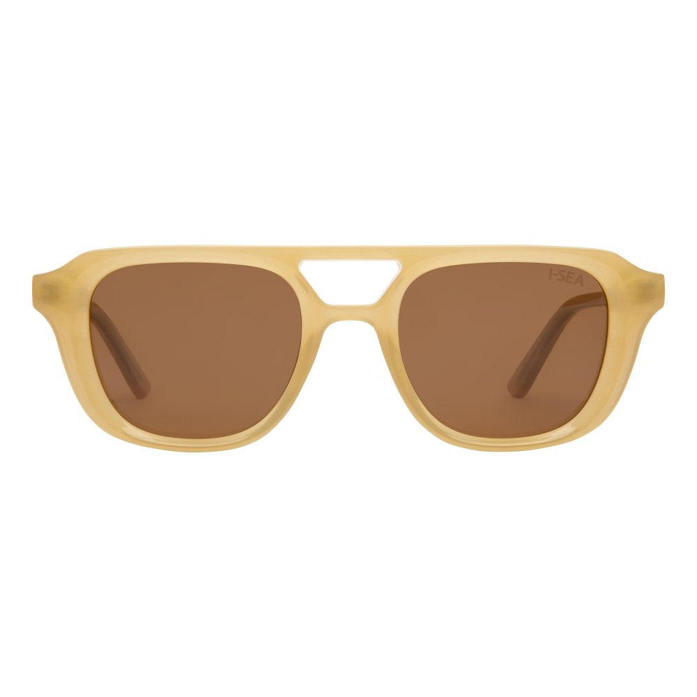 Ruby sunglasses with bold red frames, polarized lenses, full UV protection, lightweight retro silhouette.