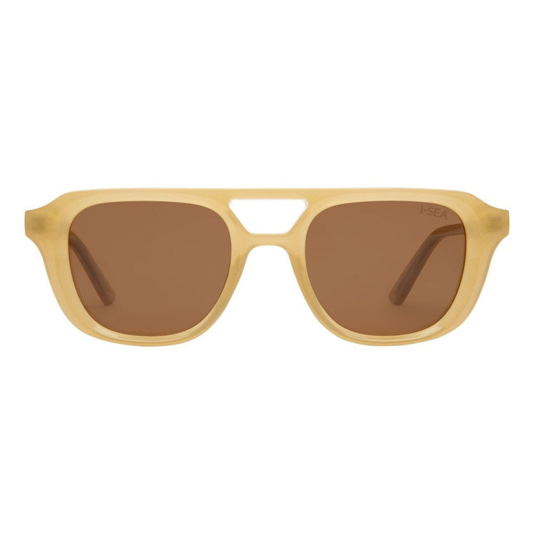 Ruby sunglasses with bold red frames, polarized lenses, full UV protection, lightweight retro silhouette.