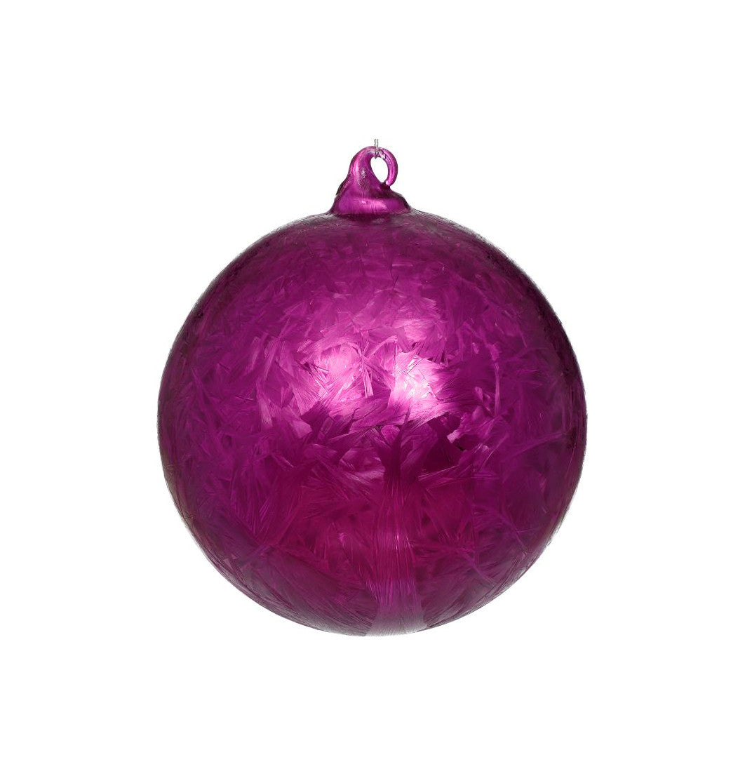 6-inch frosted magenta purple ball ornament with a textured, crystalline finish and hanging loop.