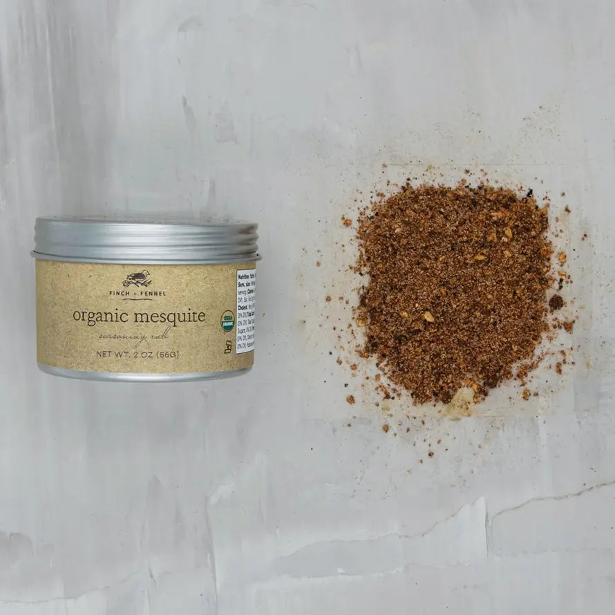 Bag of organic mesquite seasoning with a natural brown color.