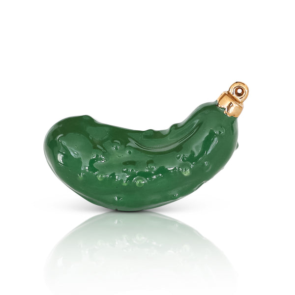 Green ceramic pickle ornament with gold loop for hanging.