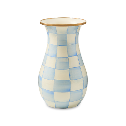 Hand-decorated enameled steel tall vase with hand-painted sky blue checks and a bronzed rim.