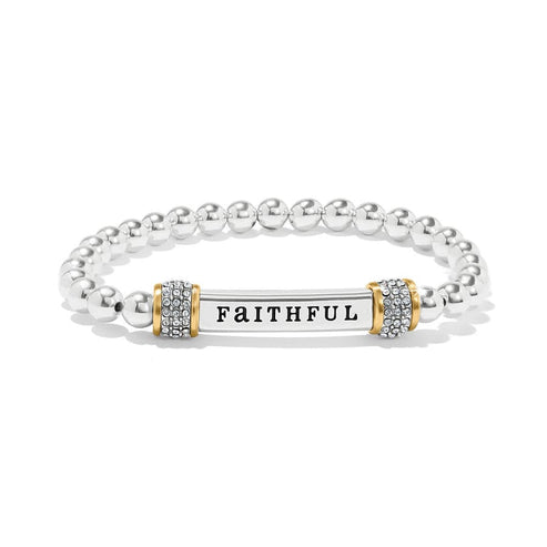 Meridian Faithful Two Tone Stretch Bracelet with silver beads and a bar engraved with 'FAITHFUL'.