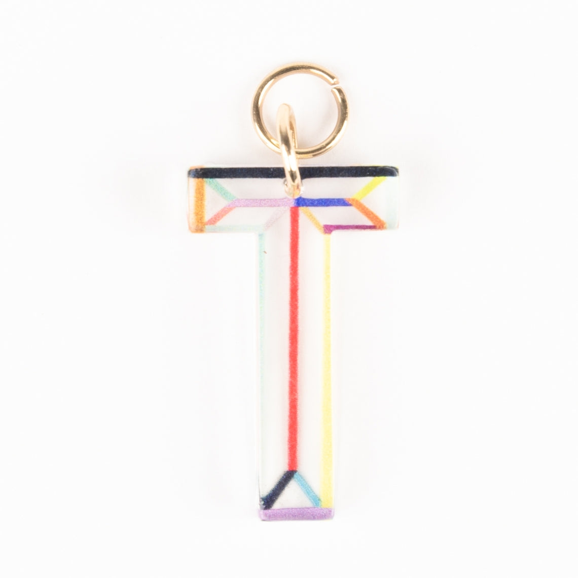 Marlow Initial Bag Charm in letter T, featuring a colorful geometric design and 18K gold plating.