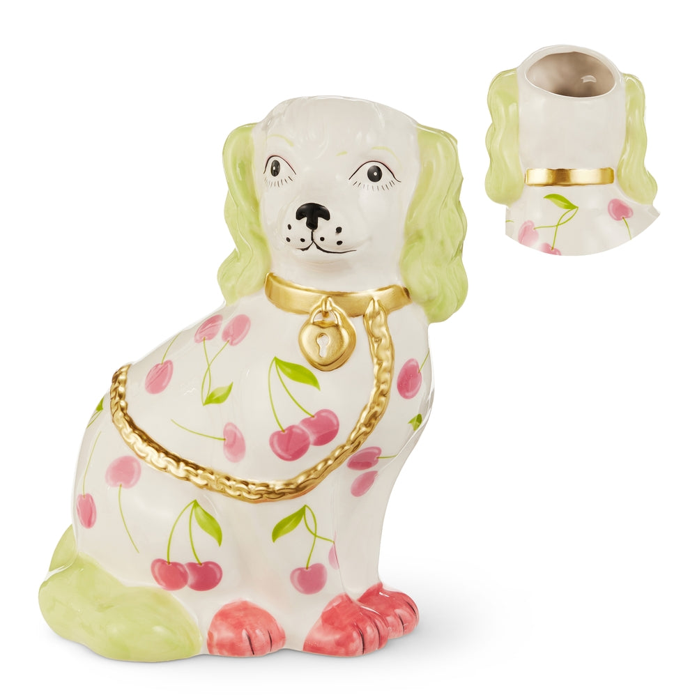 Eleven-inch dolomite dog-shaped vase with cherry motif water seal finish