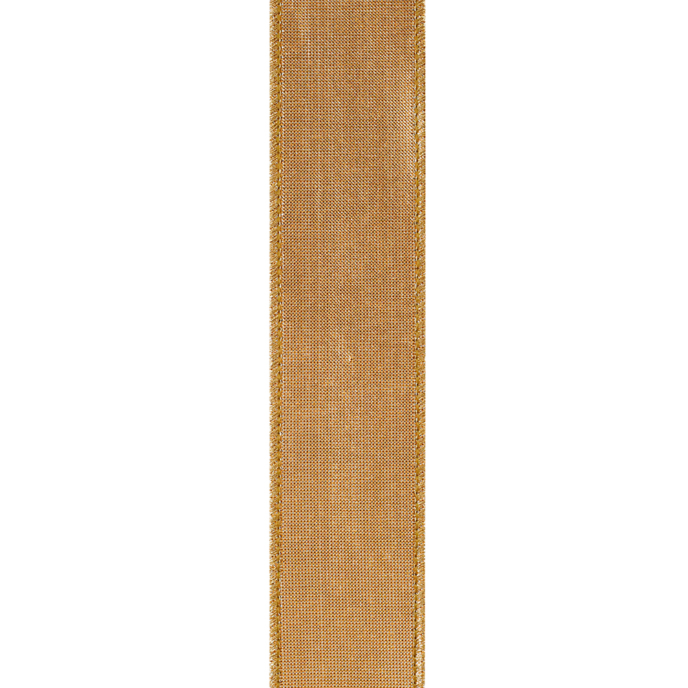 Close-up of a gold metallic dupioni wired edge ribbon with a textured weave.
