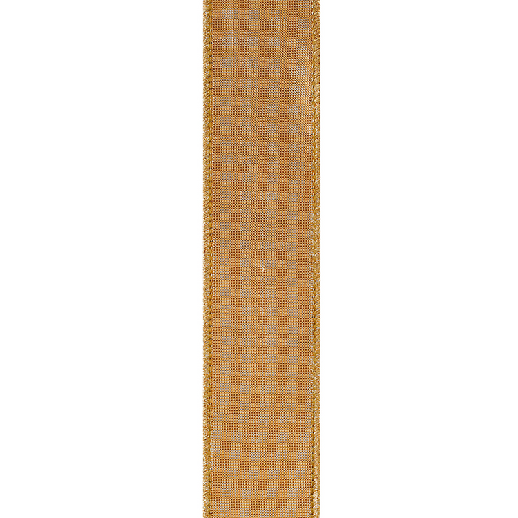 Close-up of a gold metallic dupioni wired edge ribbon with a textured weave.