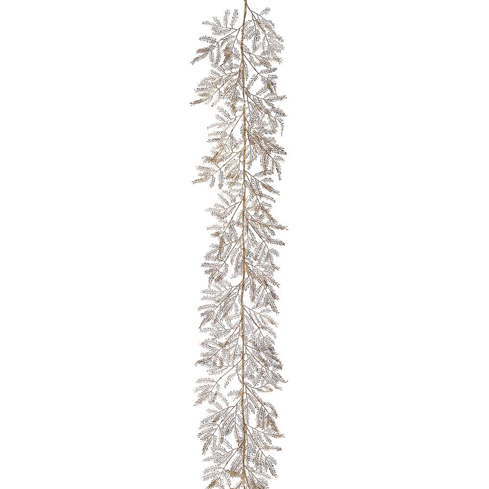 6-foot metallic gold mimosa garland with delicate shimmering foliage on a white background.