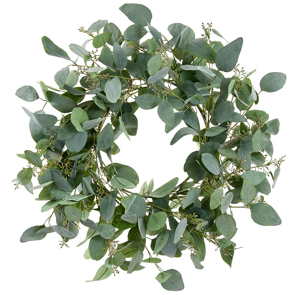 32-inch eucalyptus wreath in green gray polyester with plastic and metal wire frame